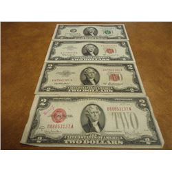 LOT OF 4 US $2 BILLS SEE DESCRIPTION 1928-G RED SEAL, 1953-A RED SEAL, 1963 RED SEAL CRISP UNC AND 1