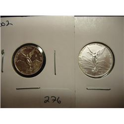 2 MEXICO SILVER LIBERTADS UNC 2013 1/10 OZ. & 2002 1/20 OZ.