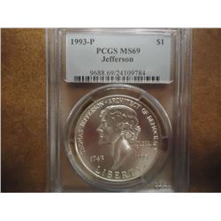 1993-P JEFFERSON COMMEMORATIVE SILVER DOLLAR PCGS MS69