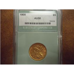 1900 US $5 GOLD LIBERTY HALF EAGLE NTC AU58