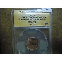 ERROR (ND) LINCOLN CENT 45% OFF CENTER AT K-1:00 ANACS MS63 RED