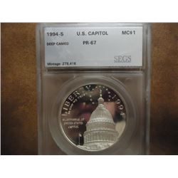 1994-S US CAPITOL SILVER DOLLAR SEGS PR67