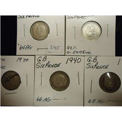 1937,1938,39,40 & 43 GREAT BRITAIN SILVER 6 PENCE