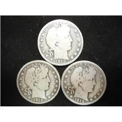 1912 P/D/S BARBER HALF DOLLARS
