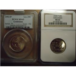 2 SLABBED WASHINGTON QUARTERS SEE DESCRIPTION 2002-P LOUISIANA PCGS MS65 AND 2004-P WISCONSIN NGC MS