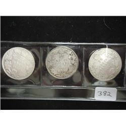 1906, 1907 & 1909 CANADA SILVER 25 CENTS 1907 IS BENT AND HAS SOME MARKS ON THE REV.