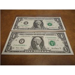 2 CONSECUTIVE SERIAL NUMBER 2001 $1 FRN'S STAR NOTES, CRISP UNC SERIAL NUMBERS ARE F04555902-F045559