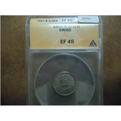 1882-B SWISS SILVER 1/2 FRANC ANACS EXTRA FINE 45