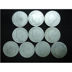 10 ASSORTED 1890'S LIBERTY "V" NICKELS