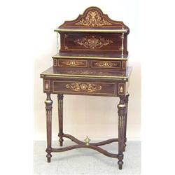 LOUIS XVI STYLE GILT BRONZE MOUNTED ROSEWOOD AND MARQUETRY BONHEUR DE JOUR, French. Late 19th C...
