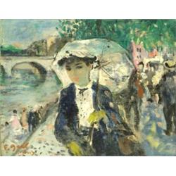 FRANCOIS GALL (French. 1912-1987), "Young Lady Walking Near the Seine". Signed F. Gall and insc...