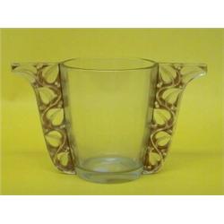 R. LALIQUE MOLDED CLEAR AND AMBER GLASS "HONFLEUR" VASE, French. Circa 1927. Engraved R. Laliqu...