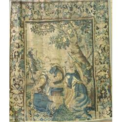 FLEMISH PARKLAND TAPESTRY, 17th Century. Signed Amarelis. Of two females under a tree, enclosed...