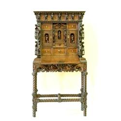 FINE RENAISSANCE CARVED WALNUT AND BURL FALL FRONT BUREAU AND STAND, Italian. 18th Century. The...