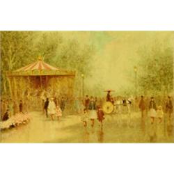 ANDRE GISSON (French/American. Born 1910), "Park Landscape with Carousel and Figures". Signed A...
