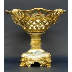 VERY FINE JACOB PETIT RETICULATED PORCELAIN PEDESTAL FRUIT STAND, French. 1830-1862. The circul...