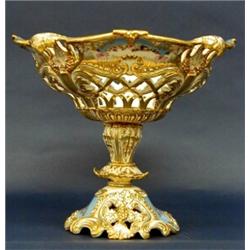EXQUISITE JACOB PETIT RETICULATED PORCELAIN PEDESTAL FRUIT STAND, French. 1830-1862. With blue...