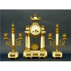 THREE PIECE EMPIRE STYLE MARBLE AND GILT BRONZE CLOCK GARNITURE, French. Circa 1900. The moveme...
