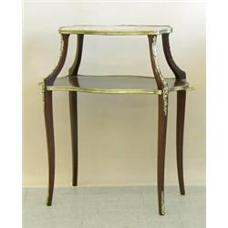 LOUIS XV STYLE GILT BRONZE MOUNTED MAHOGANY SERVING TABLE, Late 19th Century. The upper tier wi...