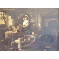 WILLIAM HENRY MIDWOOD (English. Fl. 1867-1877), "Interior Scene of Family with Caged Bird". Sig...