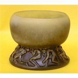 R. LALIQUE MOLDED AND FROSTED SMOKEY GRAY GLASS "LUTTEURS" VASE, French. Circa 1914. Engraved R...
