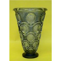 R. LALIQUE MOLDED AND FROSTED BLUE GLASS "CANCALE" VASE, French. Circa 1942. Engraved R. Laliqu...