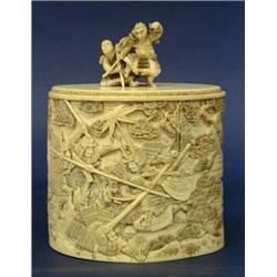 FINELY CARVED IVORY BOX AND COVER, Japanese. Meiji Period. 19th Century. Signed. Of cylindrical...