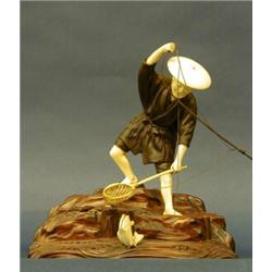 CARVED IVORY, BOXWOOD AND PATINATED METAL GROUP, Japanese. 20th Century. Of a fisherman standin...