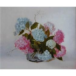 IRMGARD ARVIN (American. 20th Century), "Hydrangeas in Glass Bowl". Signed Irmgard Arvin l/r.<b...