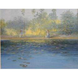 MARION RICE (American. 20th Century), "Figures Beside Lily Pond". Signed Marion Rice l/r., Oi...