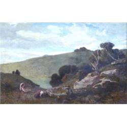 EUROPEAN SCHOOL (19th Century), "Two Girls in Hilly Landscape". Unsigned., Oil on Canvas. Mea...