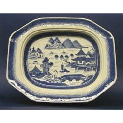 GOOD CANTON BLUE AND WHITE PORCELAIN PLATTER, Chinese. 19th Century. Decorated with a river lan...