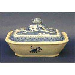 CANTON BLUE AND WHITE PORCELAIN ENTR+E DISH AND COVER, Chinese. 19th Century. Of rectangular sh...