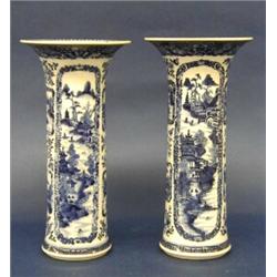 PAIR OF EXPORT BLUE AND WHITE PORCELAIN VASES, Chinese. 18th Century. Each of Gu form, painted...