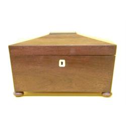 REGENCY MAHOGANY TEA CADDY, English. Early 19th Century. The rectangular paneled hinged cover o...