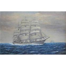 W. BURKE (American. 19th/20th Century), "Sailing Ships at Sea". Signed W. Burke l/r., Oil on...