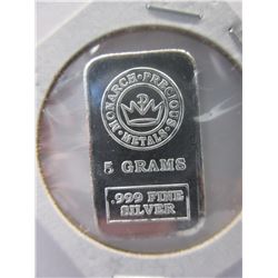 .999 Fine Silver Monarch Mint bar - 5 grams