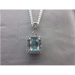 Emerald cut Blue Topaz & Diamond Necklace