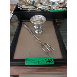 "Birks" Sterling handled meat fork & small vase
