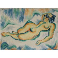 Laurent Marcel Salinas, Resting Nude in Blue and Green, Oil Painting