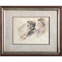 Raphael Soyer, Reading Couple, Pencil and Watercolor Painting