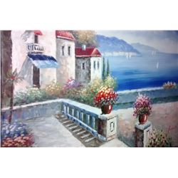 J. Burnett, Seaside Villa, Oil Painting