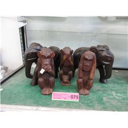 5 Carved wood animal figurines