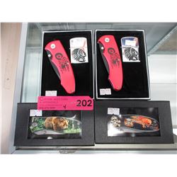 4 New folding knives - 2 with lighters