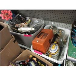 Used household goods, tackle box & snow globes