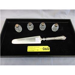 Sterling handled pie server & salt & peppers