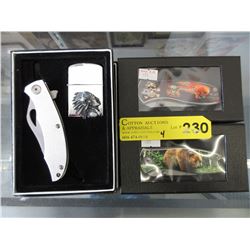 4 New folding knives - 2 with lighters