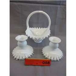 Milk Glass basket & 2 candle sticks