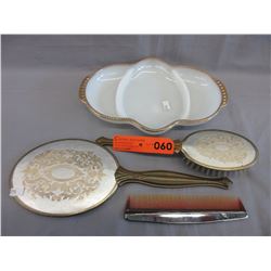 Vintage dresser set & Fire King sectioned dish
