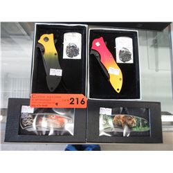 4 New folding knives - 2 with lighters